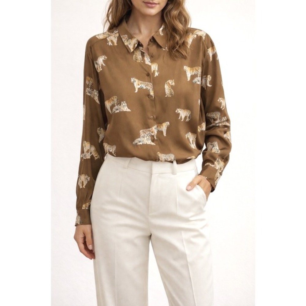 ZARA‎ Tiger Print Long Sleeve Button Down Shirt Women's L Brown Preppy  72-27 - Picture 3 of 15